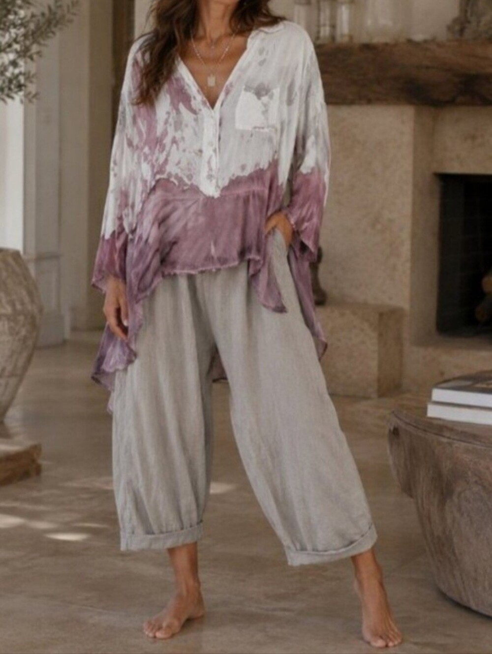 Scandal Italy Silk Blend Tie-Dye Mauve & White Deep V-Neck Sparkle Tunic Top